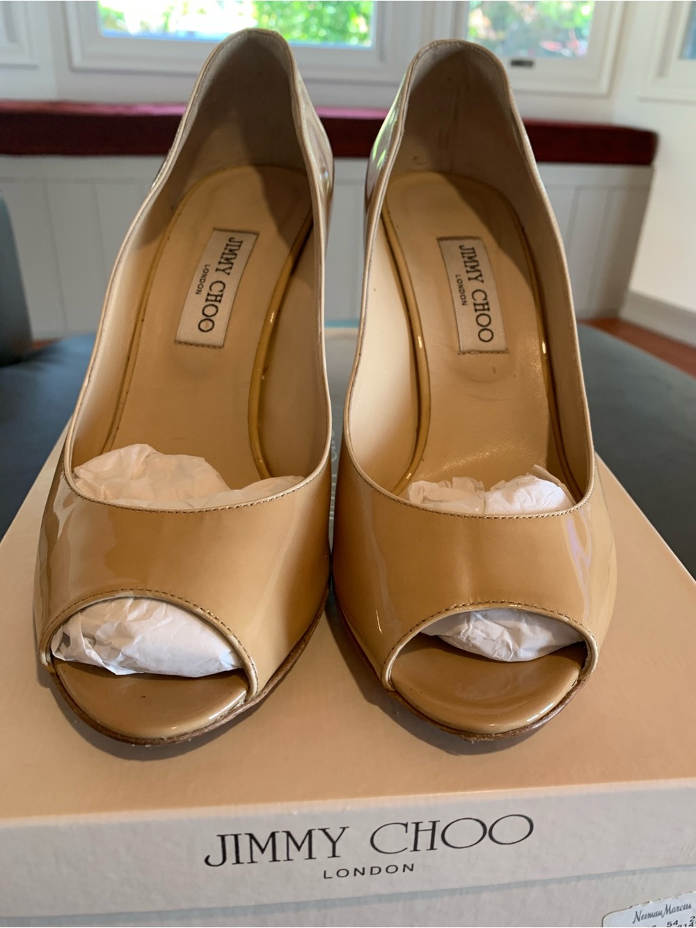 Jimmy Choo Nude Patent Leather Peep-Toe Heels
